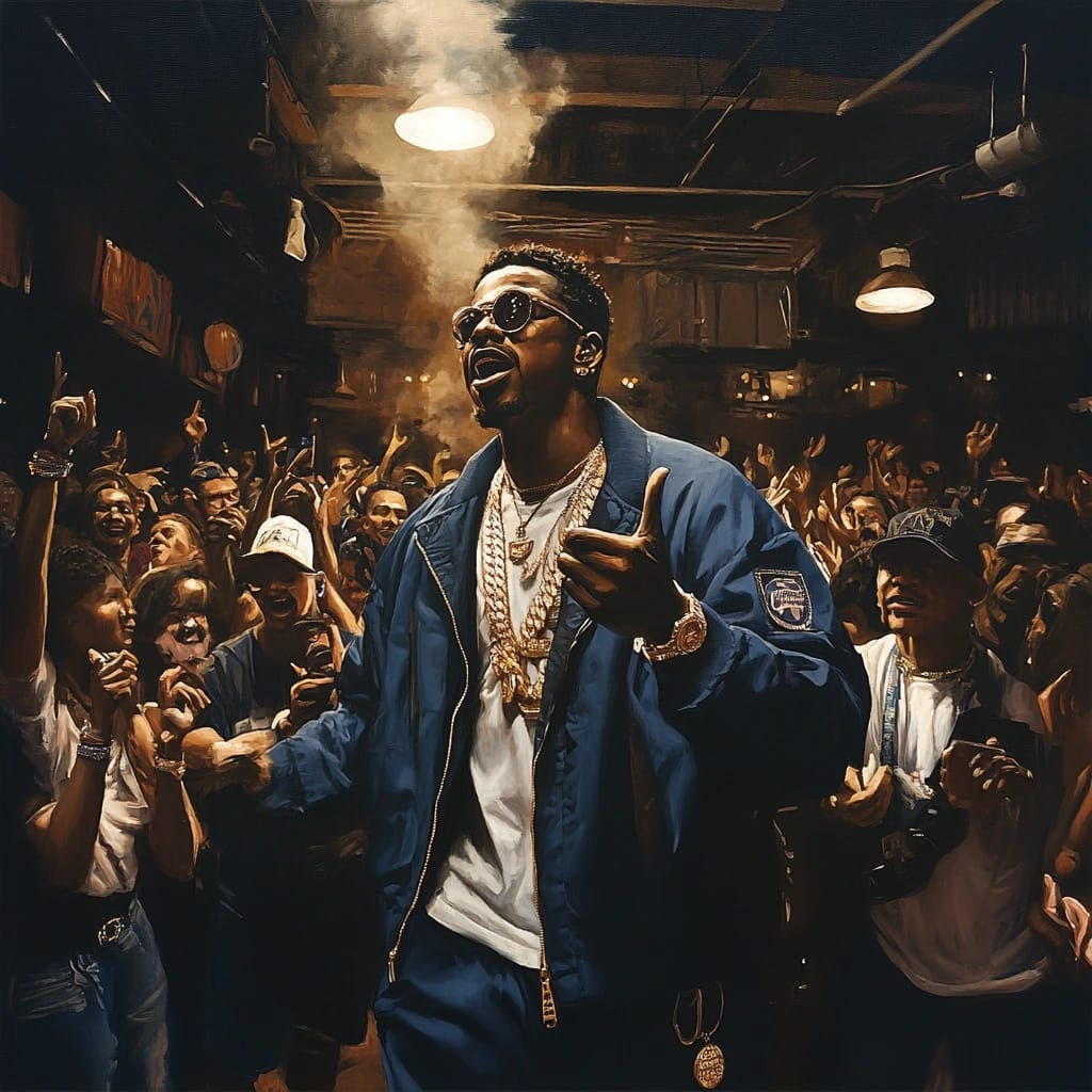 An artist performing in a crowded venue, embodying the spirit of Boombap Hip-Hop.