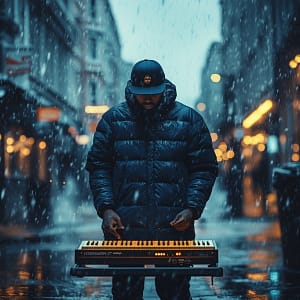 A vibrant outdoor performance showcasing an artist representing high-energy UK Rap, surrounded by an enthusiastic crowd.