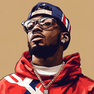 Illustration of a British rap artist in urban streetwear with the Union Jack, gold chain, and light gold background.