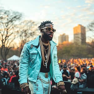 A rapper performing energetically in Central Park, wearing a light blue jacket and gold chains, with a lively crowd behind him under a light gold sky, representing the vibe of envy with beatsubscription in hip-hop culture.