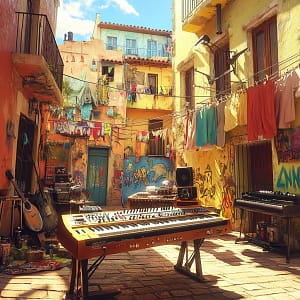 "El Camino" Afro Trap and Deep House beats setup in a colorful Spanish alley with musical instruments, including a keyboard and synthesizers, surrounded by vibrant, graffiti-covered buildings.